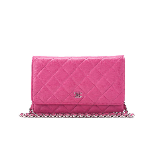 CHANEL Chain Wallet, Matelasse, Caviar Skin, Pink, Silver-Tone Hardware, Pre-Owned