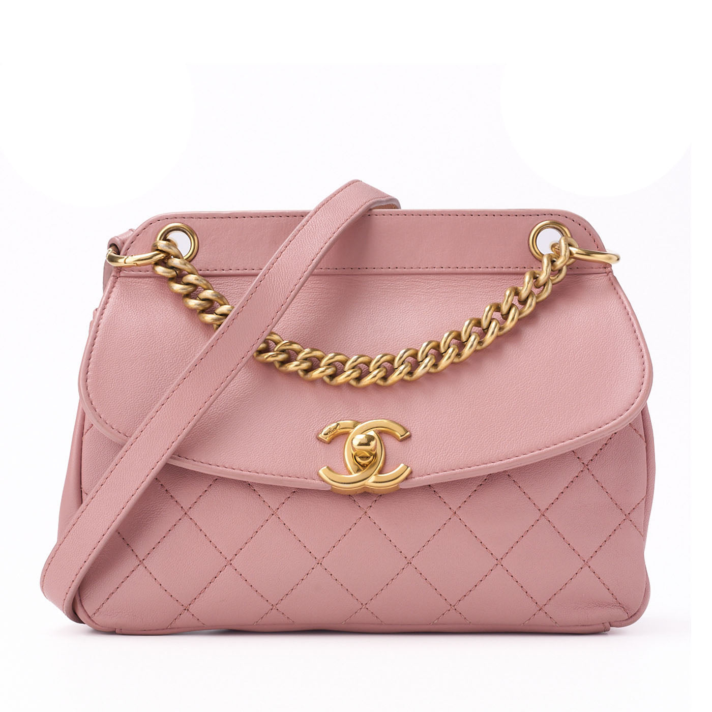CHANEL Mini Shoulder Bag Matelasse Round Flap Chain Shoulder Lambskin Pink Gold-Tone Hardware Pre-Owned