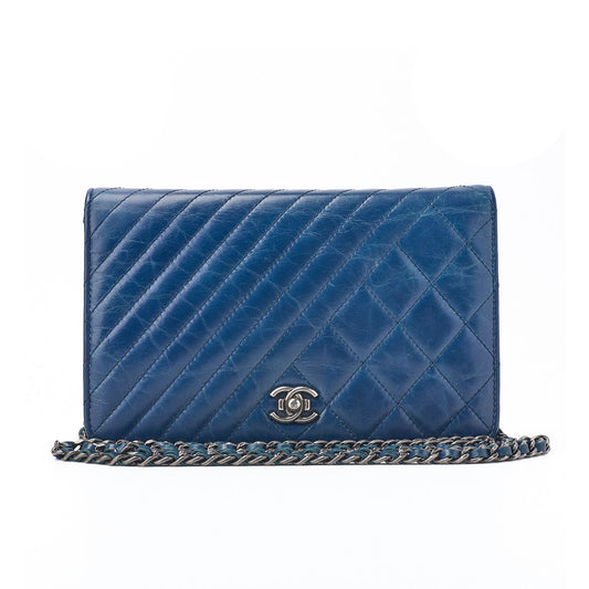 CHANEL Chain Wallet, Diagonal Stitching, Matelasse, Vintage Calf, Blue, Silver-Tone Hardware, Pre-Owned