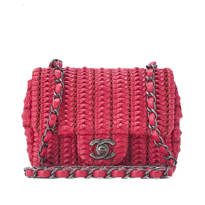 CHANEL Mini Matelasse Turn Lock Chain Shoulder Bag Lambskin Red Silver-Tone Hardware Pre-Owned