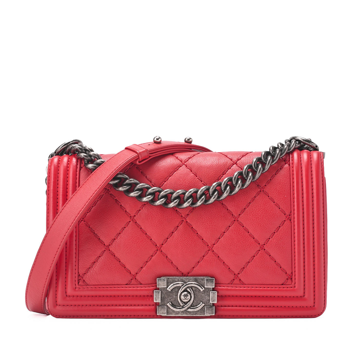 CHANEL Boy Chanel Matelassé Chain Shoulder Calfskin Red Silver-Tone Hardware, Pre-Owned