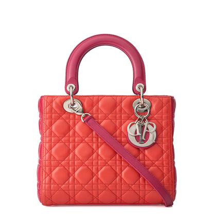 Dior Lady Dior Cannage 2WAY Handtasche Lammleder Rot Lachsrosa Goldfarbene Hardware Gebraucht