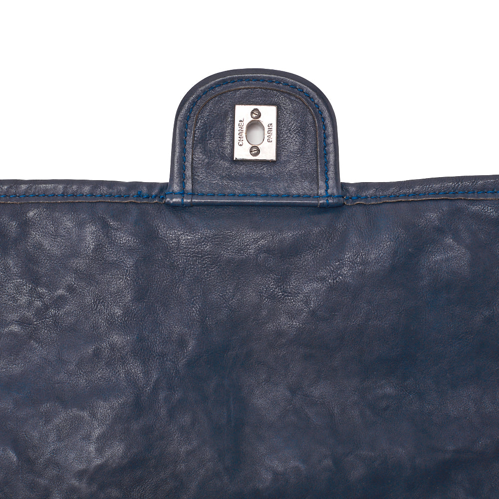 CHANEL Calf Leather Matelasse Single Flap Large Chain Shoulder Navy Silver-Tone Hardware, Pre-Owned