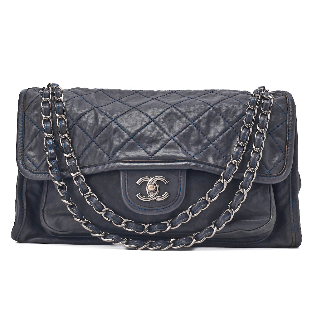 CHANEL Calf Leather Matelasse Single Flap Large Chain Shoulder Navy Silver-Tone Hardware, Pre-Owned