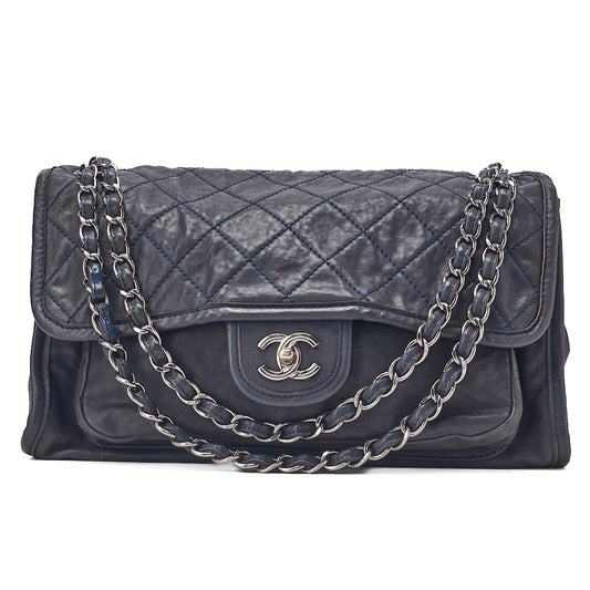 CHANEL Calf Leather Matelasse Single Flap Large Chain Shoulder Navy Silver-Tone Hardware, Pre-Owned