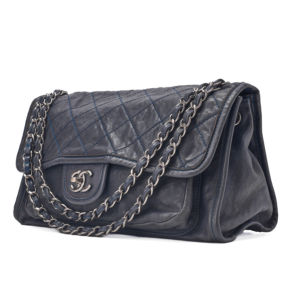 CHANEL Calf Leather Matelasse Single Flap Large Chain Shoulder Navy Silver-Tone Hardware, Pre-Owned
