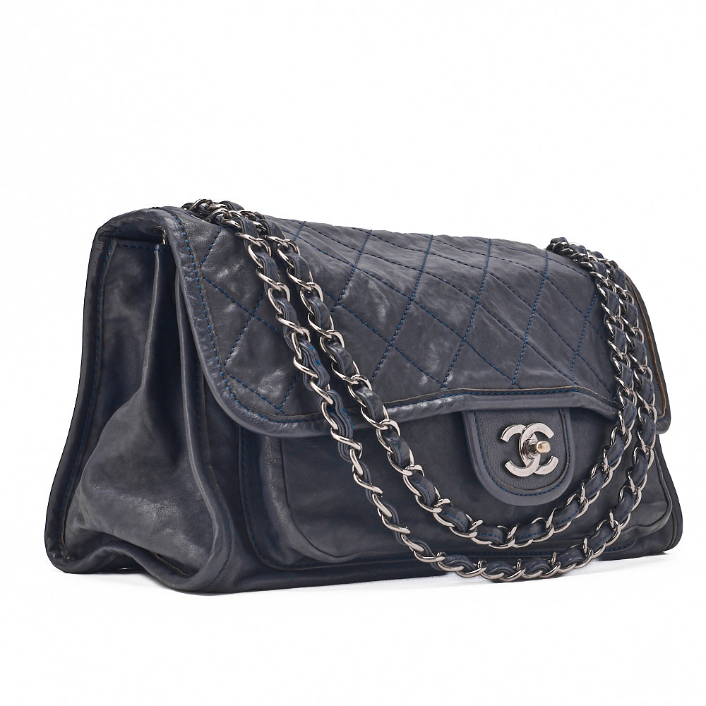 CHANEL Calf Leather Matelasse Single Flap Large Chain Shoulder Navy Silver-Tone Hardware, Pre-Owned