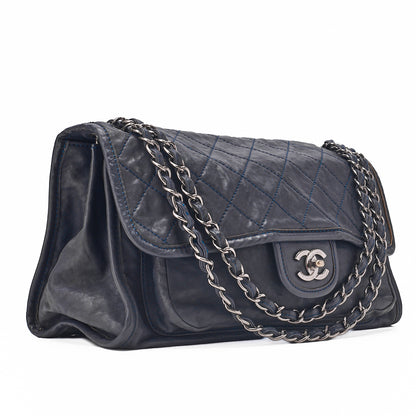CHANEL Calf Leather Matelasse Single Flap Large Chain Shoulder Navy Silver-Tone Hardware, Pre-Owned