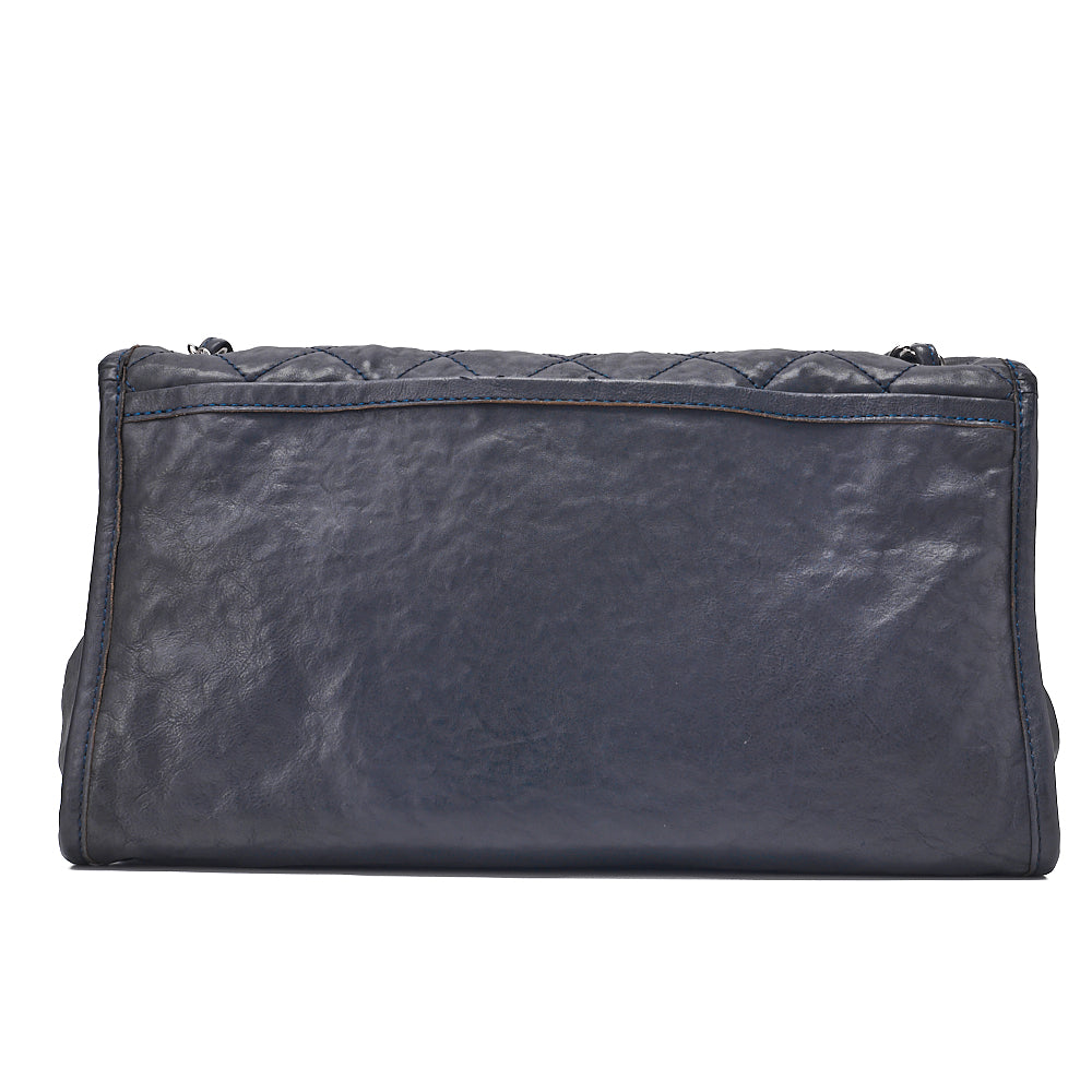 CHANEL Calf Leather Matelasse Single Flap Large Chain Shoulder Navy Silver-Tone Hardware, Pre-Owned