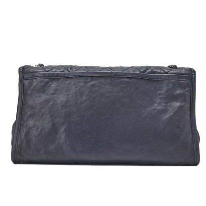 CHANEL Calf Leather Matelasse Single Flap Large Chain Shoulder Navy Silver-Tone Hardware, Pre-Owned