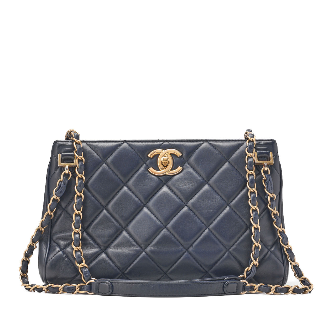 CHANEL Chain Shoulder Matelassé Bicolore Calfskin Navy Gold-Tone Hardware, Pre-Owned