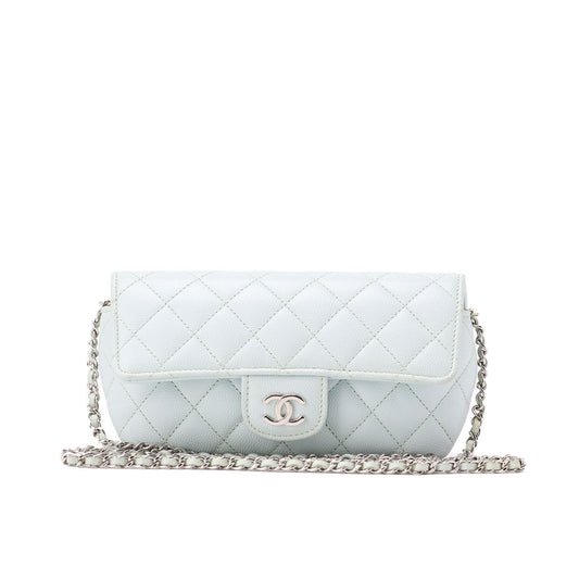CHANEL Matelasse Shoulder Bag Caviar Skin Glasses Case Light Blue Mini Shoulder Bag Silver-Tone Hardware, Pre-Owned