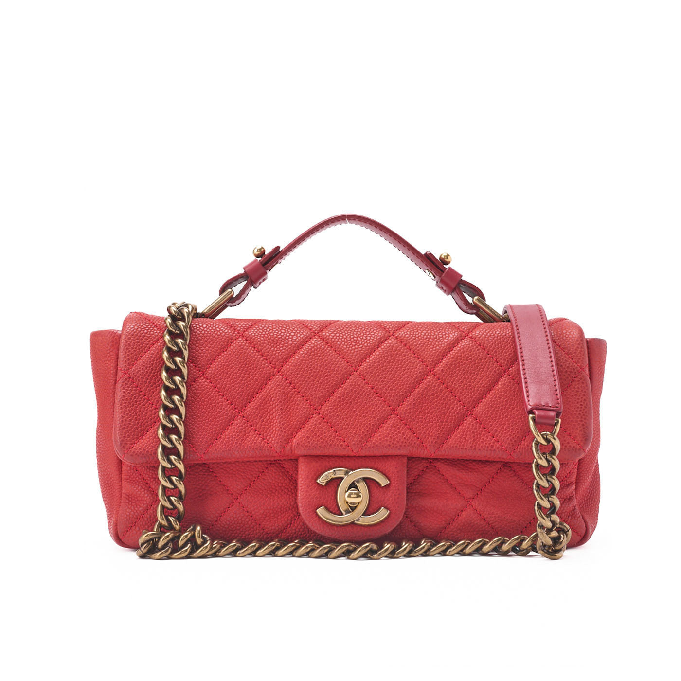 CHANEL Chain Shoulder Bag Matelassé Turnlock 2way Caviar Skin Red Gold-Tone Hardware, Pre-Owned