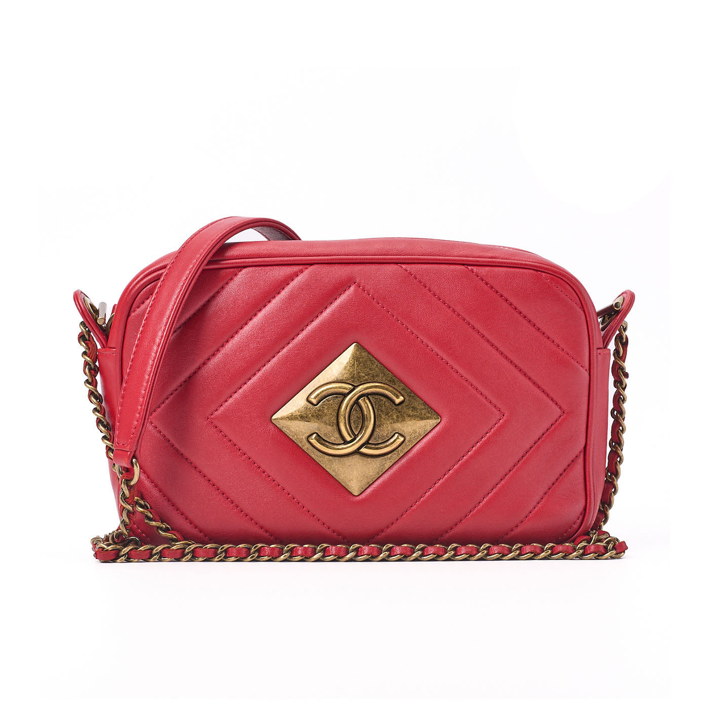 CHANEL Shoulder Bag, Diamond Stitch Coco Mark, Lambskin, Red, Gold-Tone Hardware, Pre-Owned