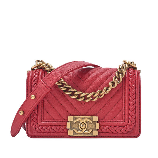 CHANEL Boy Chanel V-Stitch Chain Shoulder Caviar Skin Red Gold-Tone Hardware, Pre-Owned