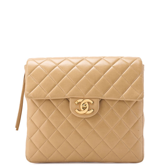 CHANEL Shoulder Bag Rucksack Lambskin Matelasse Turnlock Beige Gold-Tone Hardware, Pre-Owned