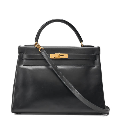 HERMES Kelly 32 Handbag Inseam Box Calf Black Gold-Tone Hardware, Pre-Owned