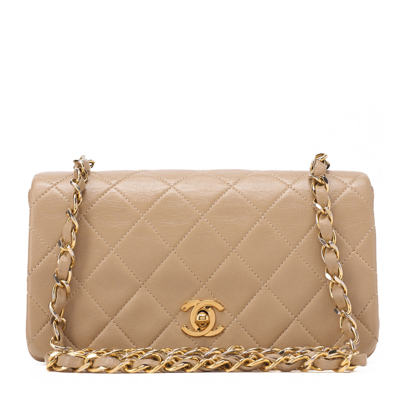 CHANEL Chain Shoulder Bag Mini Matelassé 18cm Lambskin Beige Full Flap Turnlock Gold-Tone Hardware, Pre-Owned