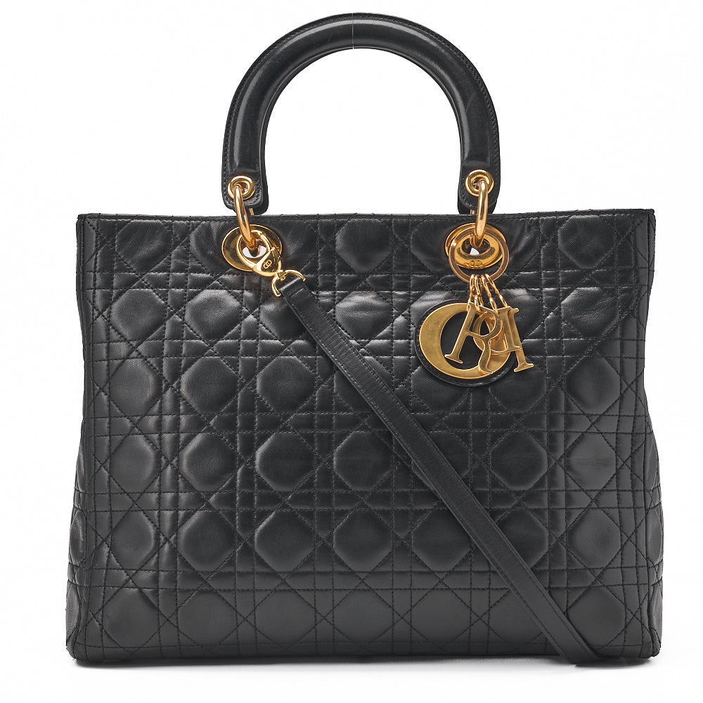 Dior Lady Dior Canage Handbag 2way Lambskin Black Large Size Gold-Tone Hardware, Pre-Owned