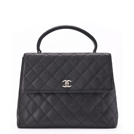 CHANEL Handbag, Matelasse, Turn Lock, Caviar Skin, Black, Silver-Tone Hardware, Pre-Owned