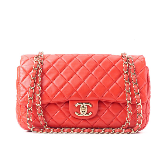 CHANEL Shoulder Bag Matelasse Turn Lock Double Flap Lambskin Red Gold-Tone Hardware Pre-Owned