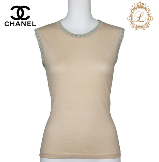 CHANEL Sleeveless Vest, Coco Mark, Knitted, Cashmere, Beige, Gold-Tone Hardware, Pre-Owned - Vintage La Charme