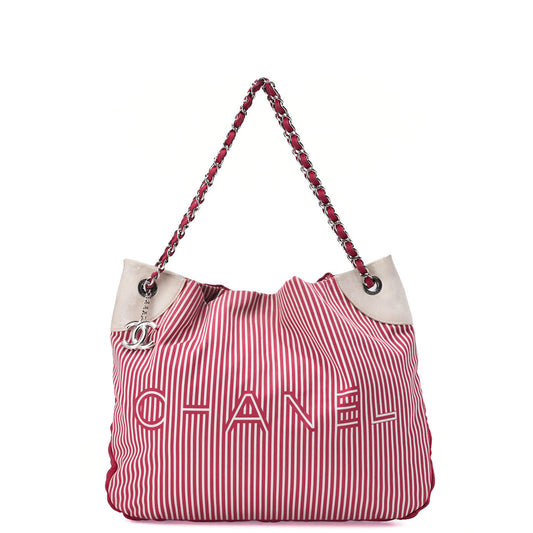 CHANEL Chain Shoulder Bag with Coco Charm Stripe Pattern Canvas Bicolor Silver-Tone Hardware, Pre-Owned