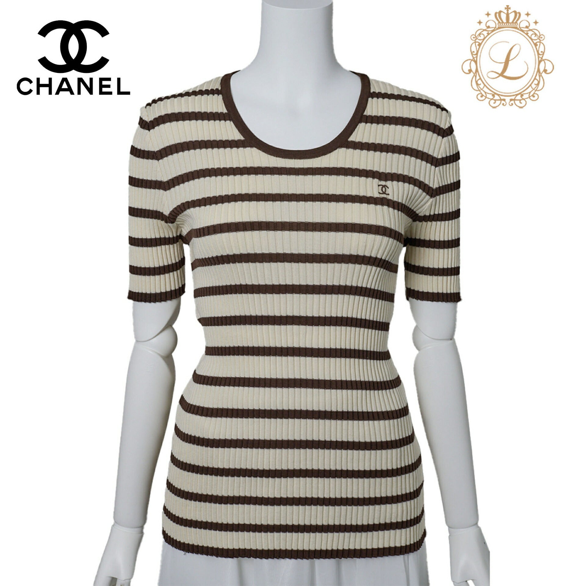 CHANEL T-Shirt, Coco Mark Border, Knit, Cotton, Ivory, Gold-Tone Hardware, Pre-Owned - Vintage La Charme