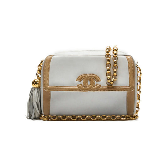 CHANEL Shoulder Bag, Coco Mark With Fringe Bijou Chain, Bicolor Lambskin, White, Gold-Tone Hardware, Pre-Owned - Vintage La Charme