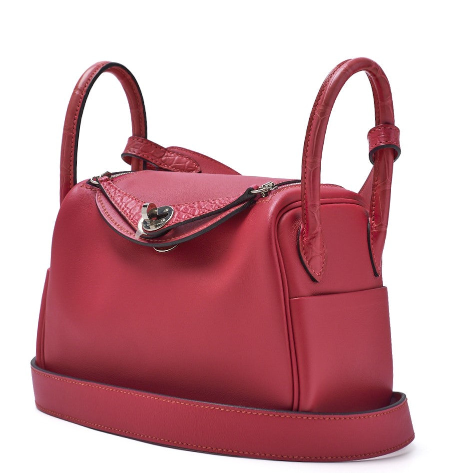 HERMES Mini Lindy 18 2WAY Shoulder Bag Swift Crocodile Rose Shocking Silver-Tone Hardware Pre-Owned - Vintage La Charme