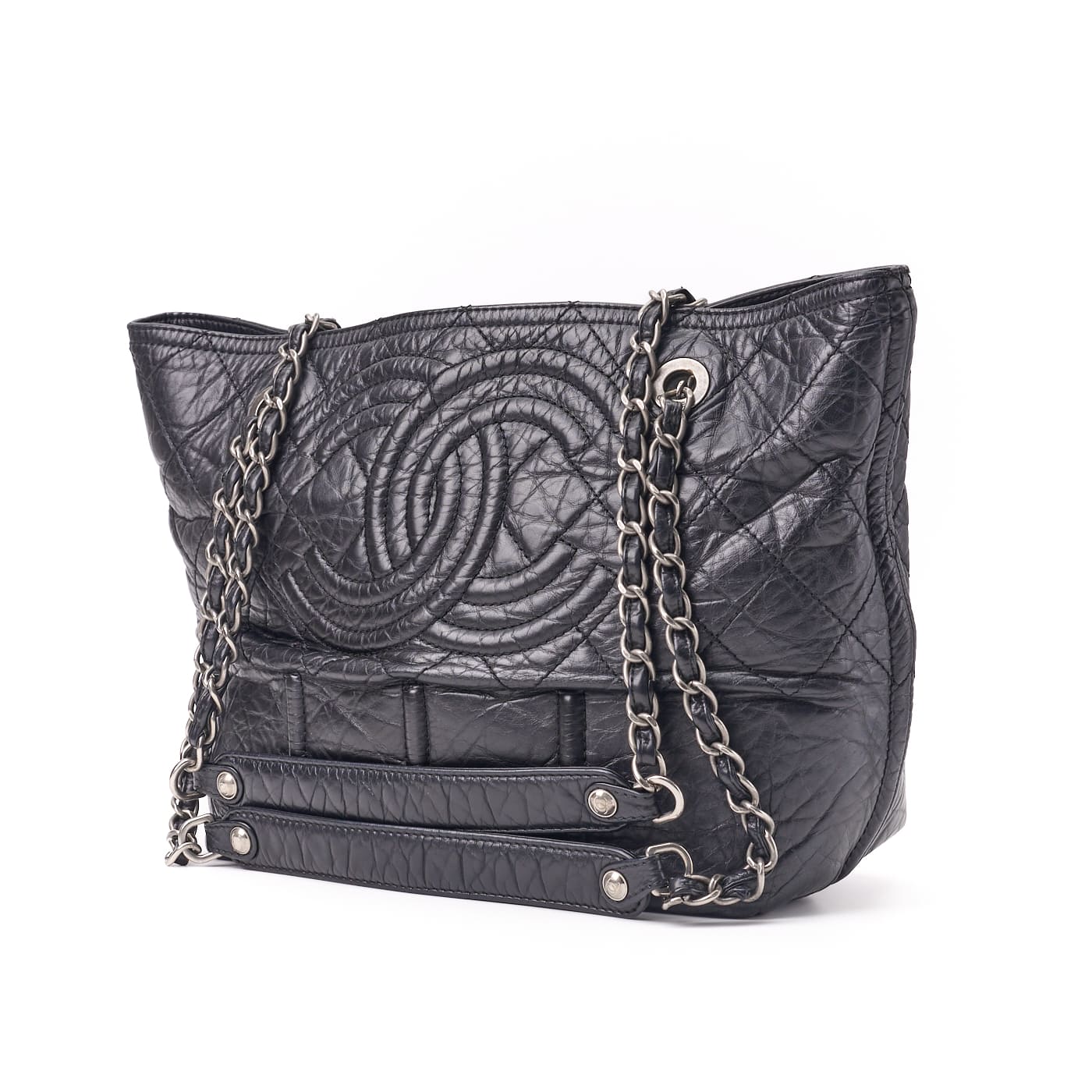 CHANEL Tote Bag Matelasse Coco Mark Double Chain Vintage Calf Black Silver-Tone Hardware Pre-Owned - Vintage La Charme
