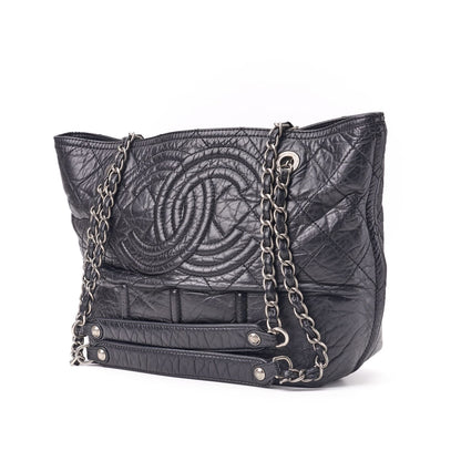 CHANEL Tote Bag Matelasse Coco Mark Double Chain Vintage Calf Black Silver-Tone Hardware Pre-Owned - Vintage La Charme