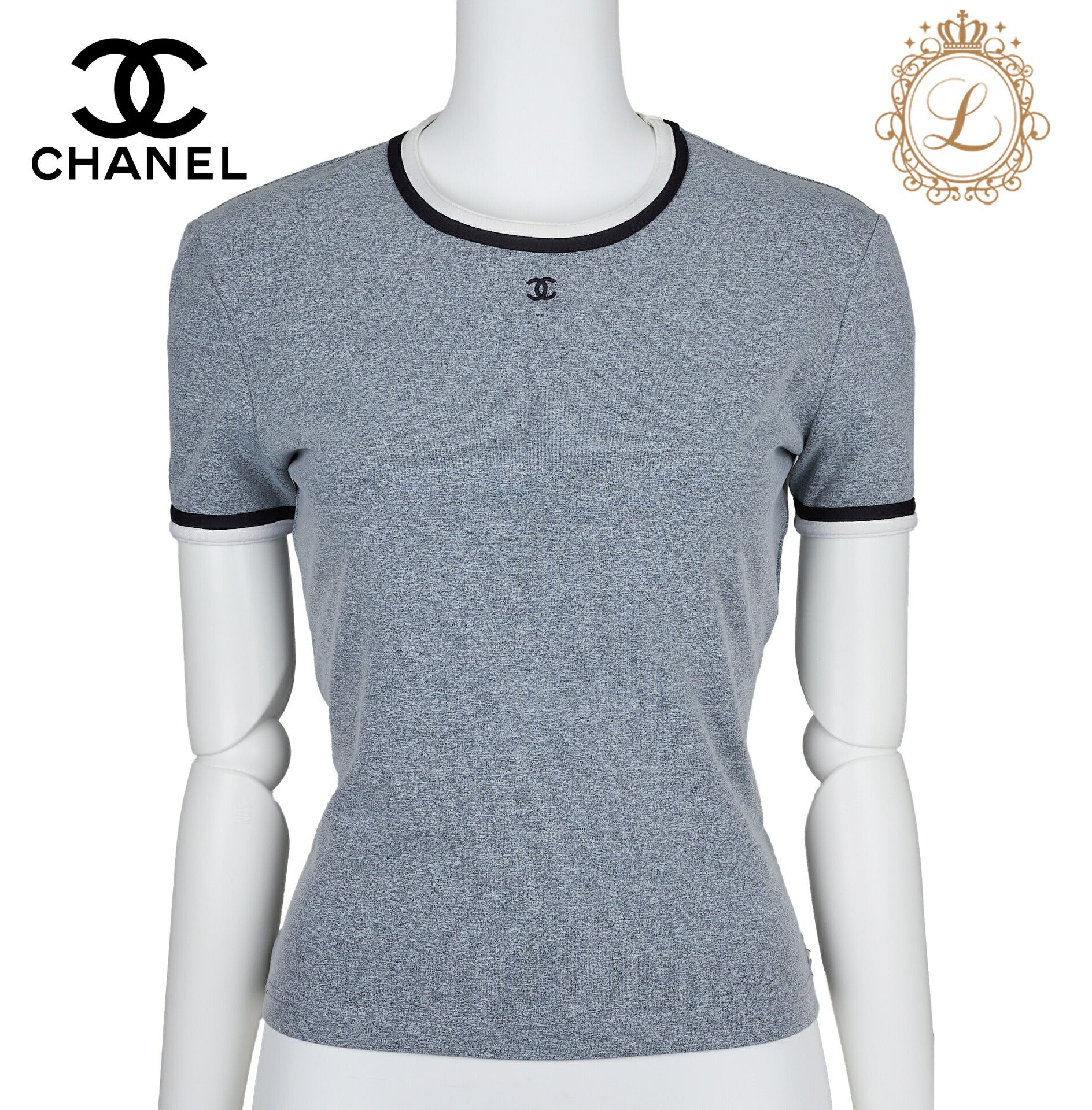 CHANEL T-Shirt Short Sleeve Cut-and-Sew Nylon Gray Gold-Tone Hardware Pre-Owned - Vintage La Charme