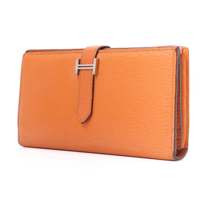 HERMES Bearn Soufflet Two-Fold Long Wallet Chevre Orange Silver-Tone Hardware Pre-Owned - Vintage La Charme