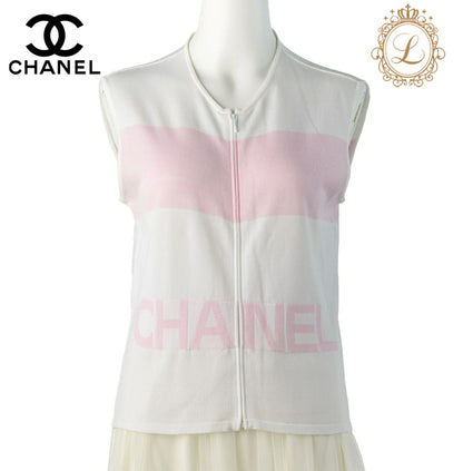 CHANEL Sleeveless T-Shirt, Cut-and-Sew, 100 Percent Cotton, White, Silver-Tone Hardware, Pre-Owned - Vintage La Charme