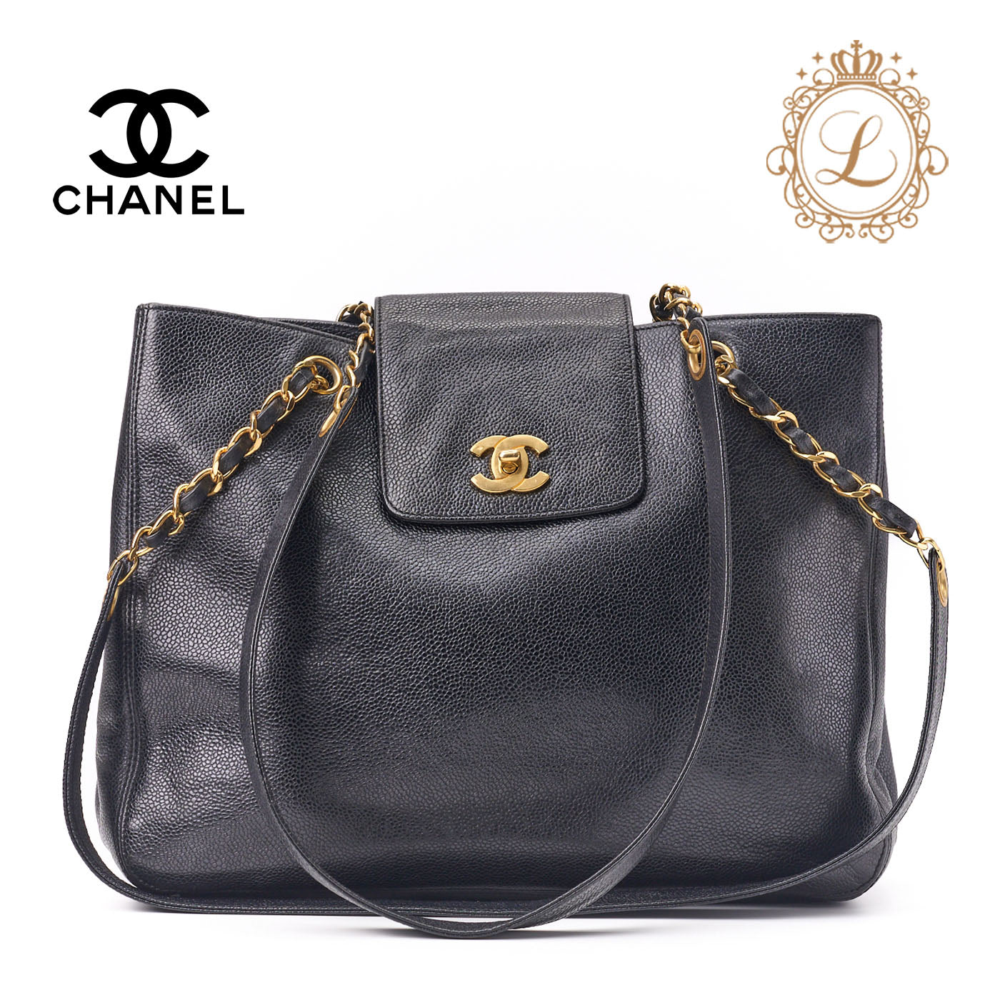 CHANEL Tote Bag, Turn Lock, Double Chain Shoulder, Caviar Skin, Black, Gold-Tone Hardware, Pre-Owned - Vintage La Charme