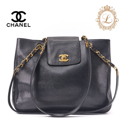 CHANEL Tote Bag, Turn Lock, Double Chain Shoulder, Caviar Skin, Black, Gold-Tone Hardware, Pre-Owned - Vintage La Charme