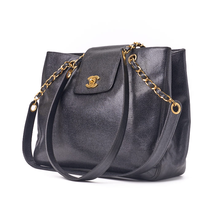 CHANEL Tote Bag, Turn Lock, Double Chain Shoulder, Caviar Skin, Black, Gold-Tone Hardware, Pre-Owned - Vintage La Charme