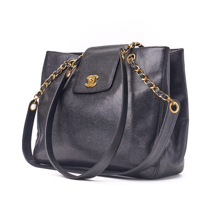 CHANEL Tote Bag, Turn Lock, Double Chain Shoulder, Caviar Skin, Black, Gold-Tone Hardware, Pre-Owned - Vintage La Charme