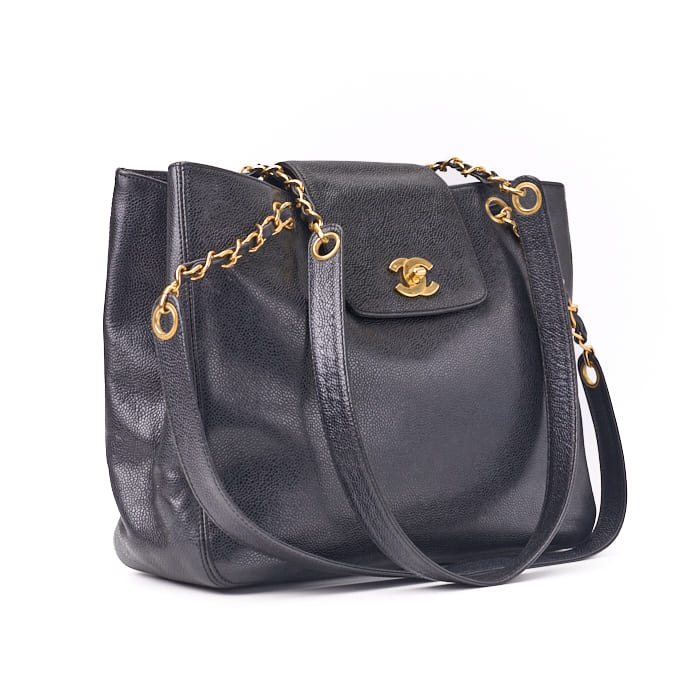 CHANEL Tote Bag, Turn Lock, Double Chain Shoulder, Caviar Skin, Black, Gold-Tone Hardware, Pre-Owned - Vintage La Charme