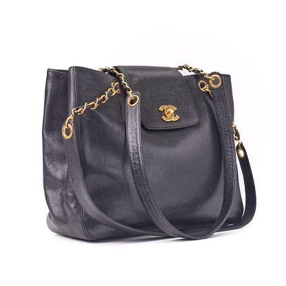 CHANEL Tote Bag, Turn Lock, Double Chain Shoulder, Caviar Skin, Black, Gold-Tone Hardware, Pre-Owned - Vintage La Charme