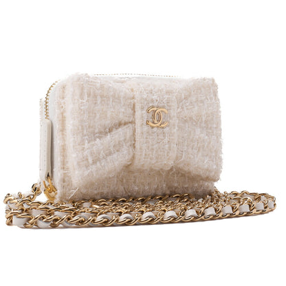 CHANEL Mini Shoulder Bag, Matelasse, Chain Shoulder, Tweed, White, Gold-Tone Hardware, Pre-Owned - Vintage La Charme