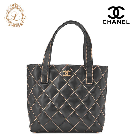 CHANEL Tote Bag Coco Mark Wild Stitch Calfskin Black Gold-Tone Hardware Pre-Owned - Vintage La Charme