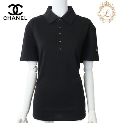 CHANEL Polo Shirt, Coco Mark Logo Button, Cut-and-Sew, Cotton, Black, Gold-Tone Hardware, Pre-Owned - Vintage La Charme
