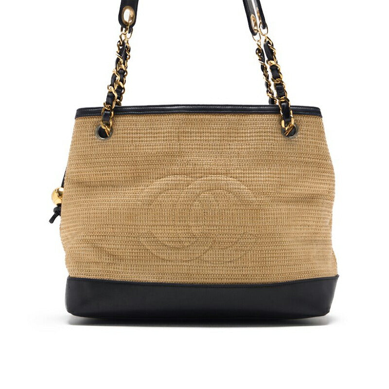 CHANEL Shoulder Bag, Coco Mark, Double Chain, Straw and Lambskin, Beige, Gold-Tone Hardware, Pre-Owned - Vintage La Charme