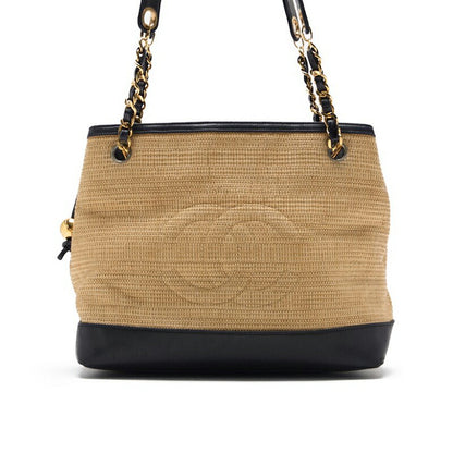 CHANEL Shoulder Bag, Coco Mark, Double Chain, Straw and Lambskin, Beige, Gold-Tone Hardware, Pre-Owned - Vintage La Charme