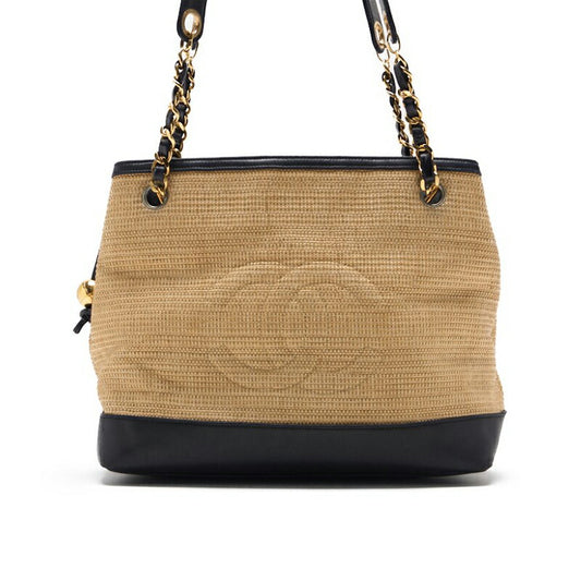 CHANEL Shoulder Bag, Coco Mark, Double Chain, Straw and Lambskin, Beige, Gold-Tone Hardware, Pre-Owned - Vintage La Charme
