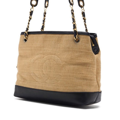 CHANEL Shoulder Bag, Coco Mark, Double Chain, Straw and Lambskin, Beige, Gold-Tone Hardware, Pre-Owned - Vintage La Charme