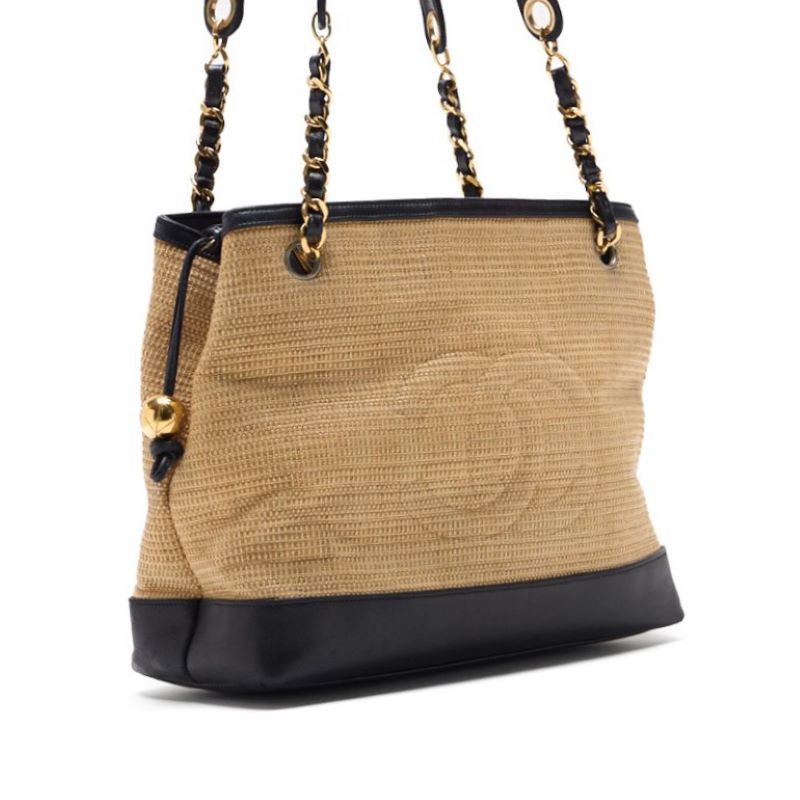 CHANEL Shoulder Bag, Coco Mark, Double Chain, Straw and Lambskin, Beige, Gold-Tone Hardware, Pre-Owned - Vintage La Charme