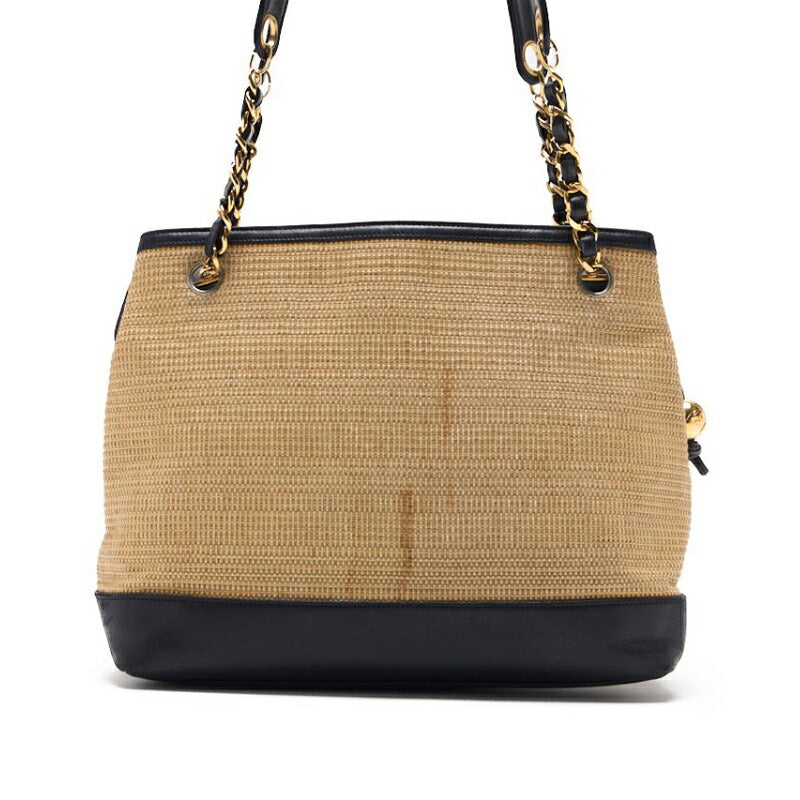 CHANEL Shoulder Bag, Coco Mark, Double Chain, Straw and Lambskin, Beige, Gold-Tone Hardware, Pre-Owned - Vintage La Charme